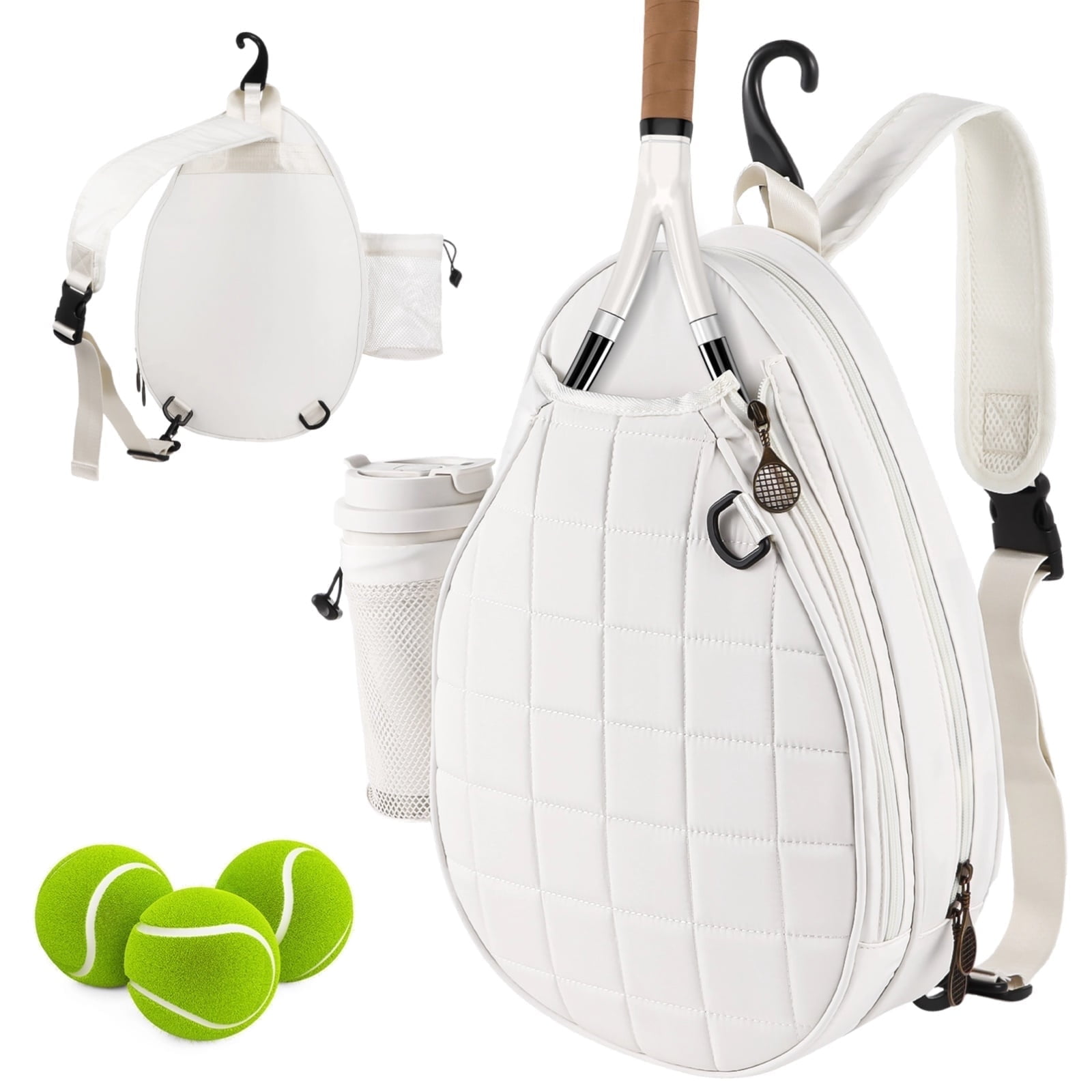 Multi-pocket Tennis Bag, Tennis Backpack for 2 Rackets, Quilted Crossbody Sling Bag, Waterproof Tennis Sling Backpack for Women and Men, Sports Pickleball Bag