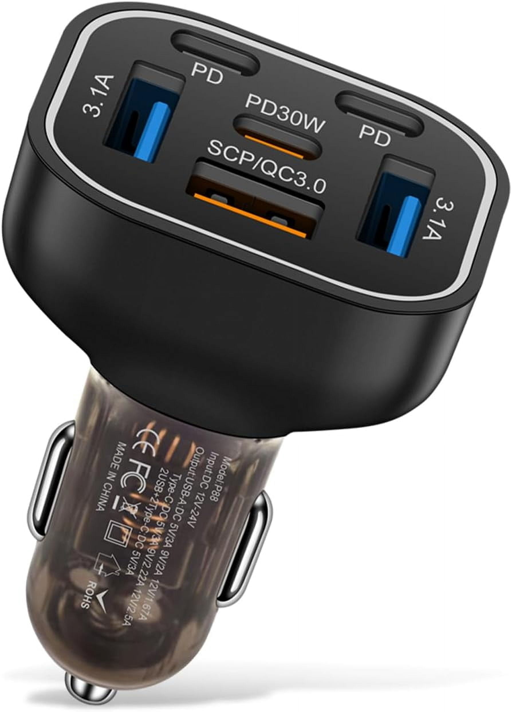 Multi port 6 Ports USB C Car Charger 12v 24v Cigarette Lighter Charger Adapter With PD30W Fast Charge Compatible with Iphone 16 15 14 13 12 11 Pro max Plus Samsung Huawei Xiaomi and more Android