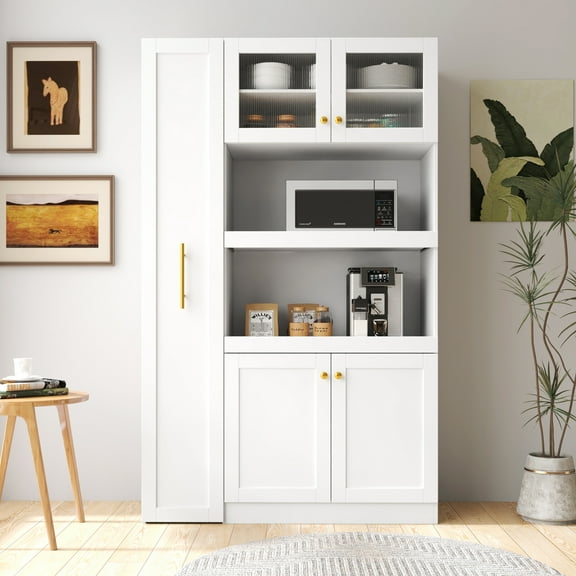 Multi-purpose 4-door Cabinet With Pull-out Shelf In White For Kitchen, Pantry, And Balcony Pantry Multi-functional A Stylish Organized Space