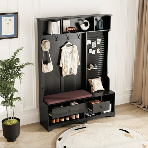 Multi-purpose Hallway Hall Tree with Removable Linen Cushioned Entryway Bench, Coat Rack, Storage Shelves, and DIY Pegboard,for Hallways, Living Room, Black