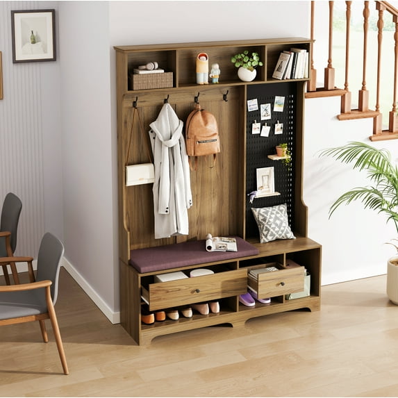 Multi-purpose Hallway Hall Tree with Removable Linen Cushioned Entryway Bench, Coat Rack, Storage Shelves, and DIY Pegboard,for Hallways, Living Room, Brown