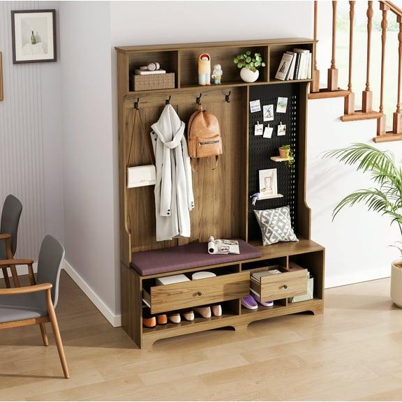 Multi-purpose Hallway Hall Tree with Removable Linen Cushioned Entryway Bench, Coat Rack, Storage Shelves, and DIY Pegboard,for Hallways, Living Room, Brown