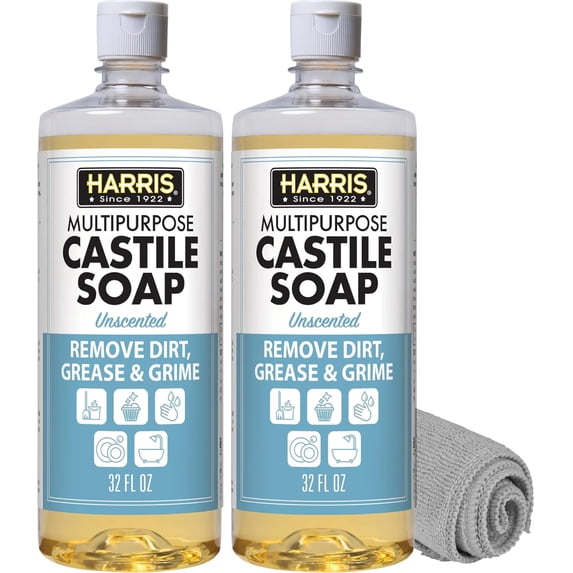 Multi-purpose liquid Castile soap for home cleaning, can be used as dish soap, laundry detergent, kitchen and bathroom surface cleaner, children's room cleaner, 2 packs of 32 ounces with microfiber c