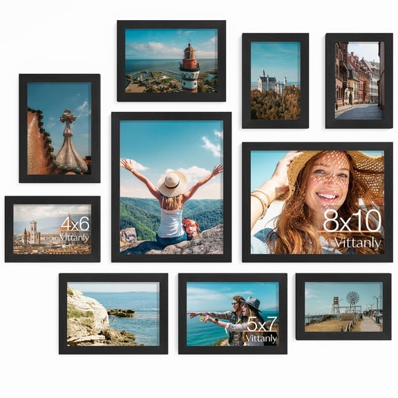 Multi size collage picture frames, 10 pack gallery wall decor, engineered wood frames with shatter-resistant plexiglass, wall or tabletop display, includes 8x10, 5x7, 4x6 sizes, black
