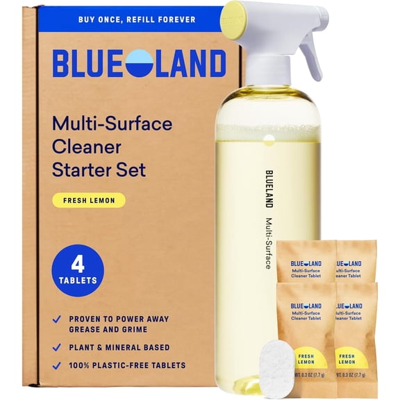Multi-surface cleaner, starter kit, fresh lemon scent, spray bottle with 4 refill sheets, all-purpose, eco-friendly cleaning supplies, 424 ounces