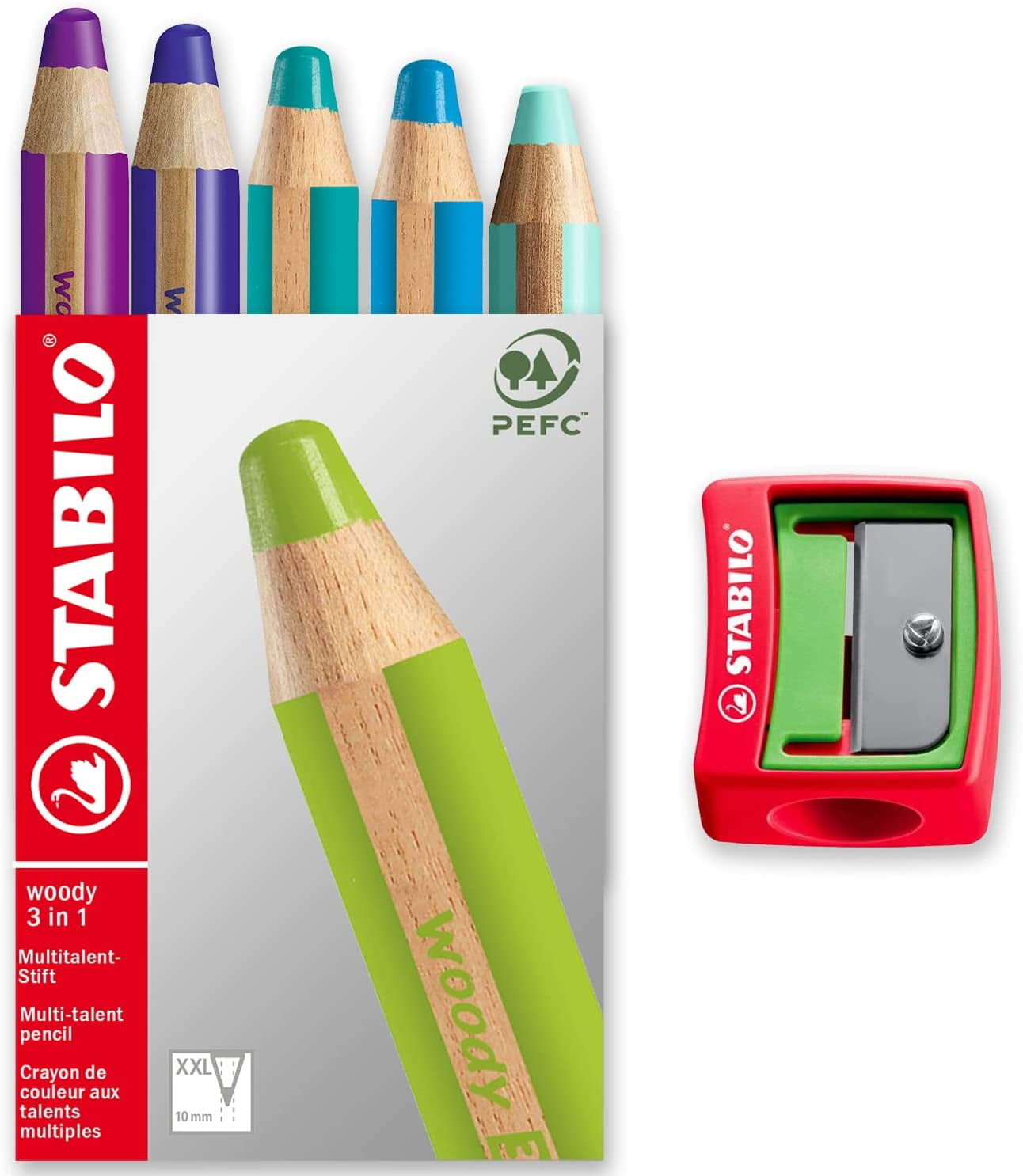 Multi-talented Pencil - STABILO Woody 3-in-1 - Blue Tones Box of 5 - Violet, Ultramarine, Blue, Cyan Blue & Turquoise + Sharpener