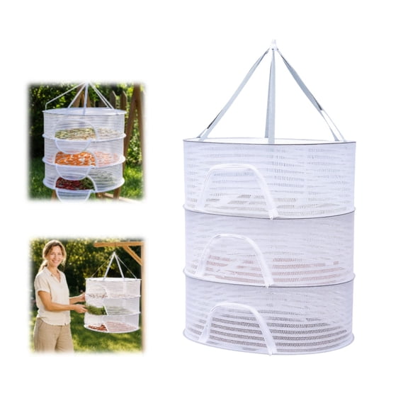 Multi-tier 3 Layer Foldable Hanging Herb Drying Net, Zipper Opening Breathable Mesh Plant Dryer Rack, Collapsible Basket for Herb Bud Produce Flower Seafood Outdoor Indoor Air Drying