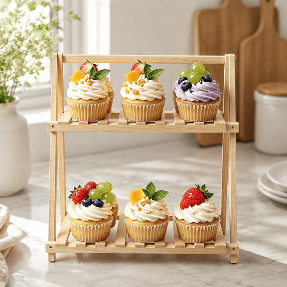 Multi-tier Display Stand, Natural Wood Finish, Foldable For Storage, Cupcake Stand For Dessert Tables, Decorative and Organizational Stand, Perfume Organizer Stand, 2 Tiers, 13.78 inches