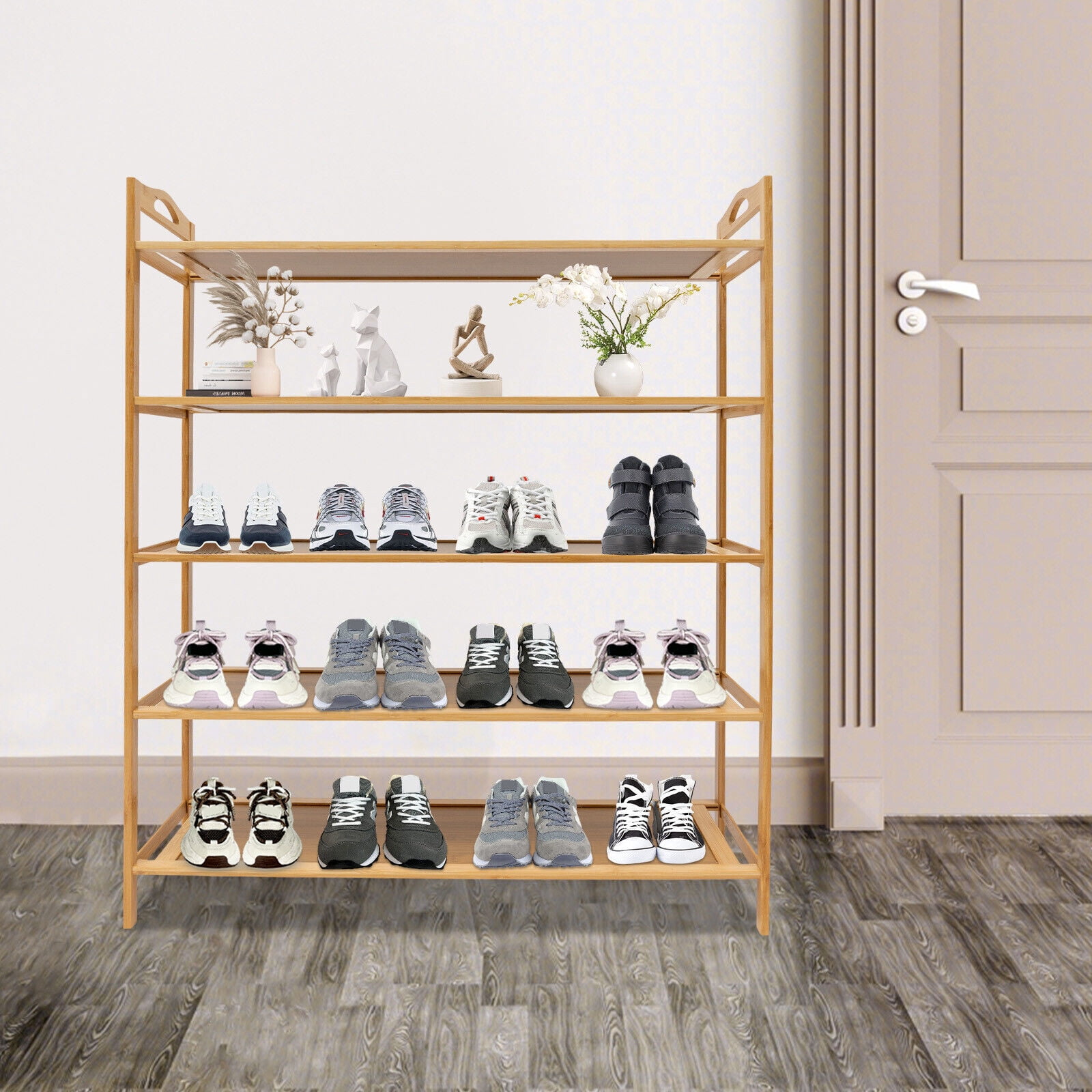 Multi-tier Shoe Storage Rack, Dark Brown Color Free Standing Shoes Shelf Organizer, 5-tier Shoe Rack Bamboo Density Board