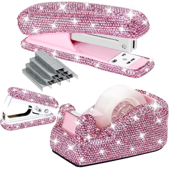 MultiBey Rhinestone Desk Organizer: Stapler, Tape Dispenser, Staple Remover, Pink