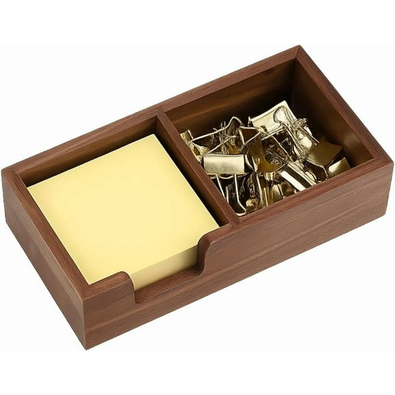 MultiBey Walnut Sticky Note Holder for Desk - 2-in-1 Organizer with Paper Clip Tray & 3x3 Post It Dispenser, Wood Self Stick Memo Pad Holder Dispenser Supplies Organizer for Office Home Schools