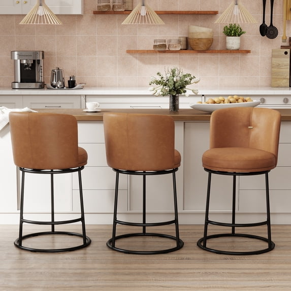 MultiHaven 25.8" Upholstered Swivel Bar Stool Set of 3,Counter Height Chair with Ergonomic Footrest for Kitchen Island - Brown PU Leather