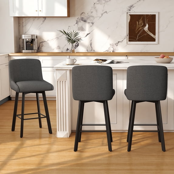 MultiHaven 26.1-Inch Bar Stools Set of 3,Swivel Counter Height Bar Stool with Back & Metal Legs,Fabric Island Chairs Suitable for Kitchen,Bar,Cafe - Medium Gray