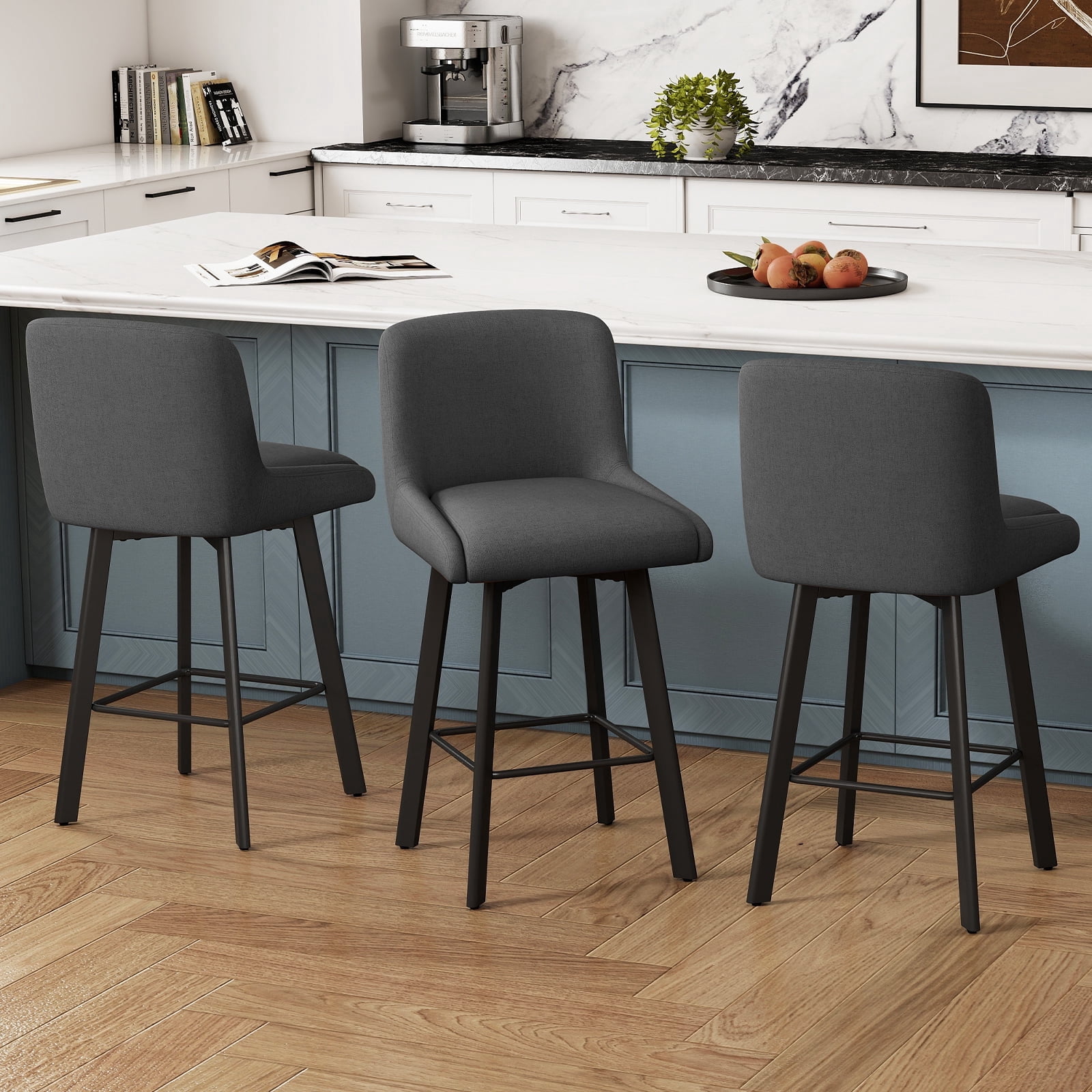 MultiHaven 26.1-Inch Bar Stools Set of 3,Swivel Counter Height Bar Stool with Back & Metal Legs,Fabric Island Chairs Suitable for Kitchen,Bar,Cafe - Black Gray