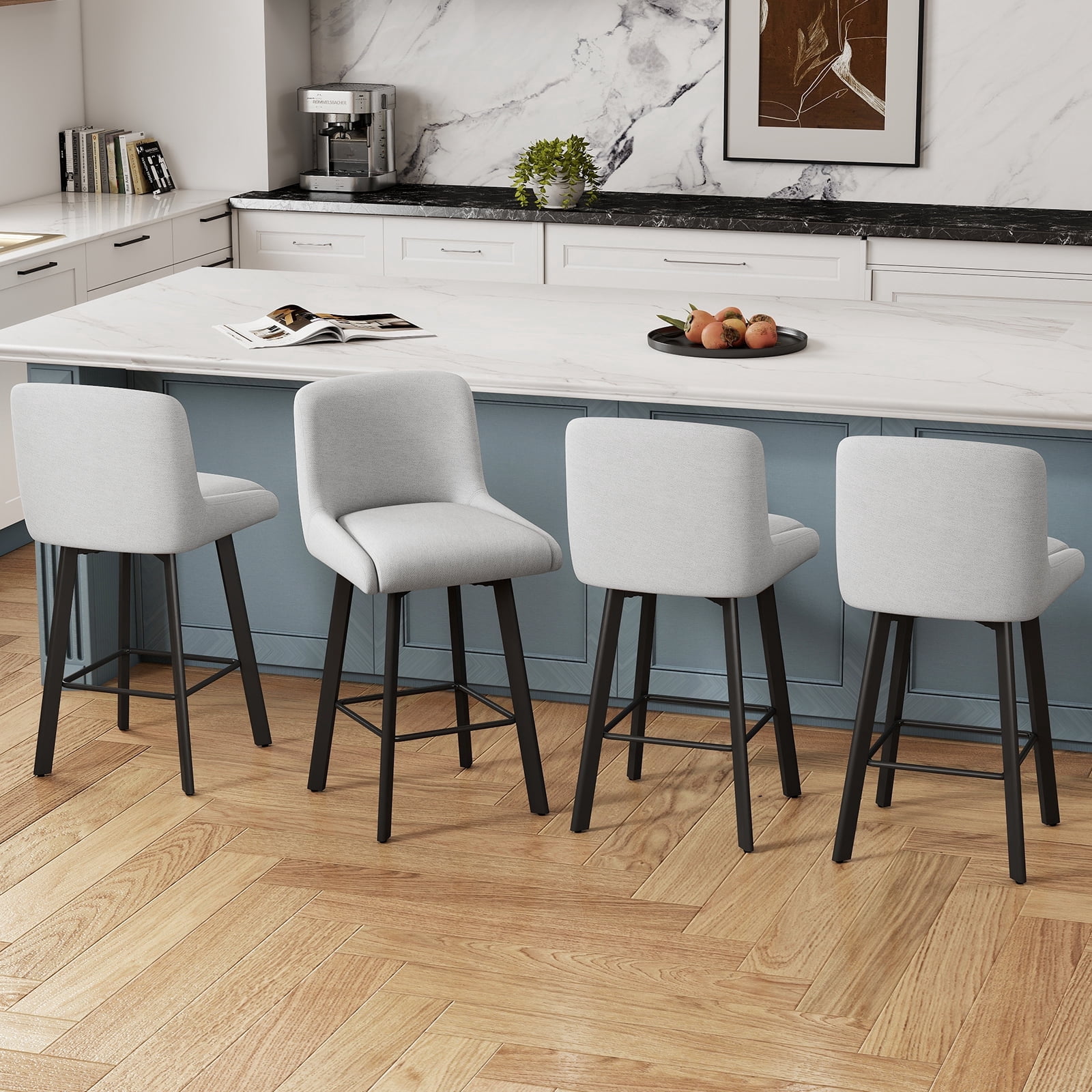 MultiHaven 26.1-Inch Bar Stools Set of 4,Swivel Counter Height Bar Stool with Back & Metal Legs,Fabric Island Chairs Suitable for Kitchen,Bar,Cafe - Light Gray