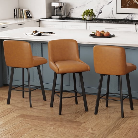 MultiHaven 26.1-Inch Bar Stools Set of 3,Swivel Counter Height Bar Stool with Back & Metal Legs,Fabric Island Chairs Suitable for Kitchen,Bar,Cafe - Whiskey Brown