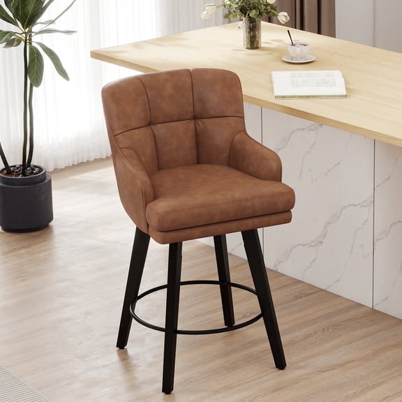 MultiHaven 26.2-Inch Bar Stools Set of 1,Swivel Counter Height Bar Stool with Plaid Back & Armrests,Solid Wood Legs PU Leather Kitchen Chairs for Bar,Cafe - Brown