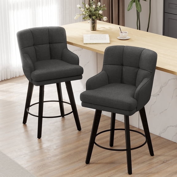 MultiHaven 26.2-Inch Bar Stools Set of 2,Swivel Counter Height Bar Stool with Plaid Back & Armrests,Solid Wood Legs Fabric Kitchen Chairs for Bar,Cafe - Black Grey