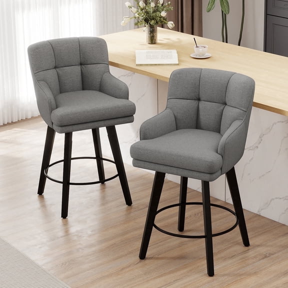 MultiHaven 26.2-Inch Bar Stools Set of 2,Swivel Counter Height Bar Stool with Plaid Back & Armrests,Solid Wood Legs Fabric Kitchen Chairs for Bar,Cafe - Mid Grey