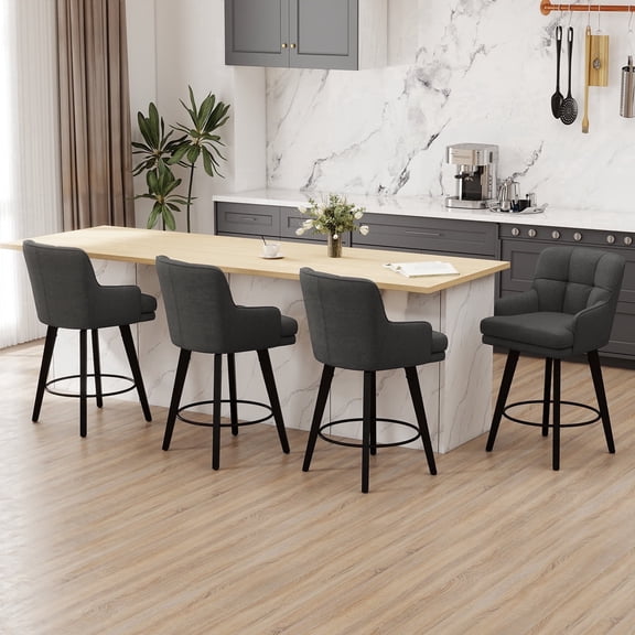 MultiHaven 26.2-Inch Bar Stools Set of 4,Swivel Counter Height Bar Stool with Plaid Back & Armrests,Solid Wood Legs Fabric Kitchen Chairs for Bar,Cafe - Black Grey