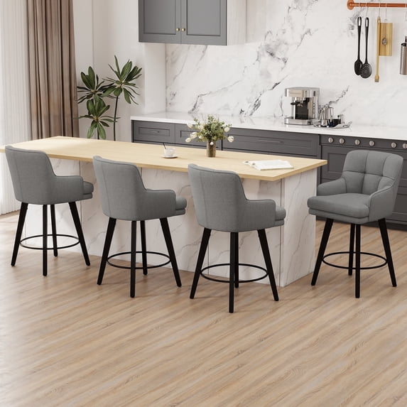 MultiHaven 26.2-Inch Bar Stools Set of 4,Swivel Counter Height Bar Stool with Plaid Back & Armrests,Solid Wood Legs FabricKitchen Chairs for Bar,Cafe - Mid Grey