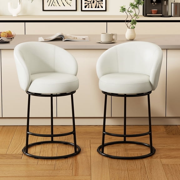 MultiHaven 26.7" Upholstered Swivel Bar Stool Set of 2 with Back,Modern Counter Height Chair for Kitchen Island - White PU Leather