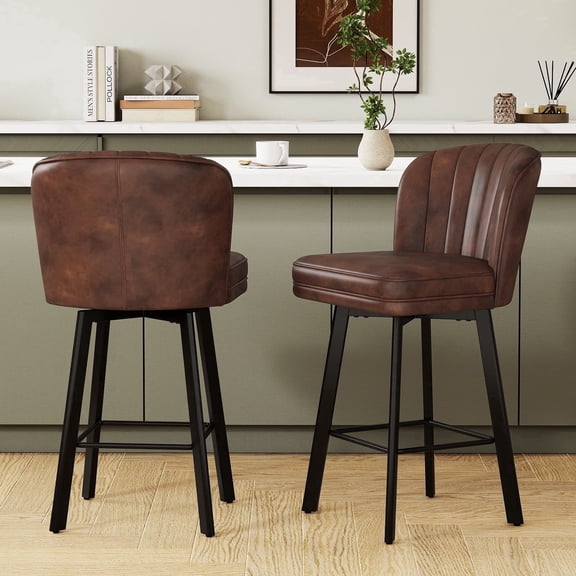 MultiHaven 26'' Shell Back Bar Stools Set of 2,Swivel Counter Height PU Leather Chairs for Kitchen Island,Cafe - Brown