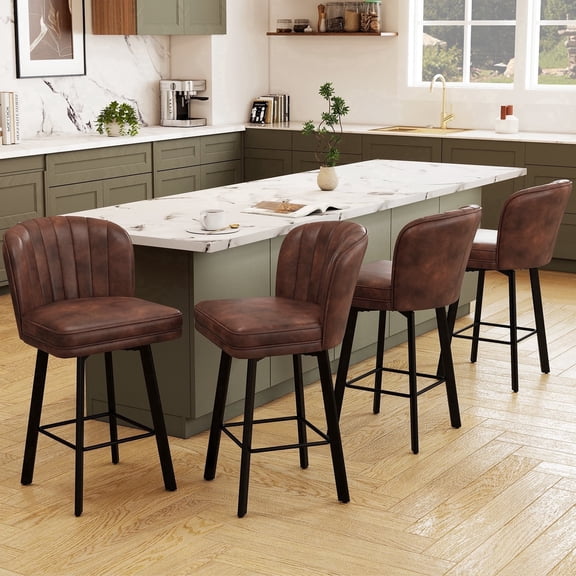 MultiHaven 26'' Shell Back Bar Stools Set of 4,Swivel Counter Height PU Leather Chairs for Kitchen Island,Cafe - Brown