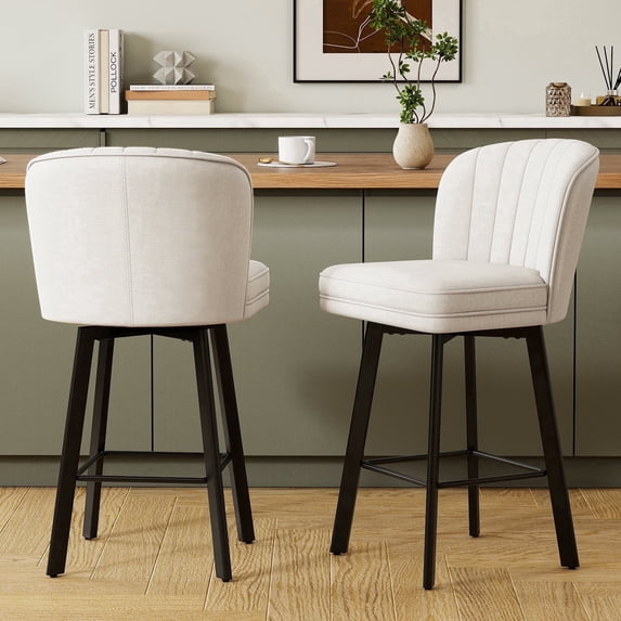 MultiHaven 26'' Bar Stools Set of 2,Swivel Counter Height Bar Stool with Shell-Inspired Back,Fabric Kitchen Island Chairs for Bar,Cafe - Beige