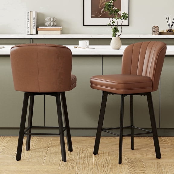 MultiHaven 26'' Shell Back Bar Stools Set of 2,Swivel Counter Height PU Leather Chairs for Kitchen Island,Cafe - Dark Brown