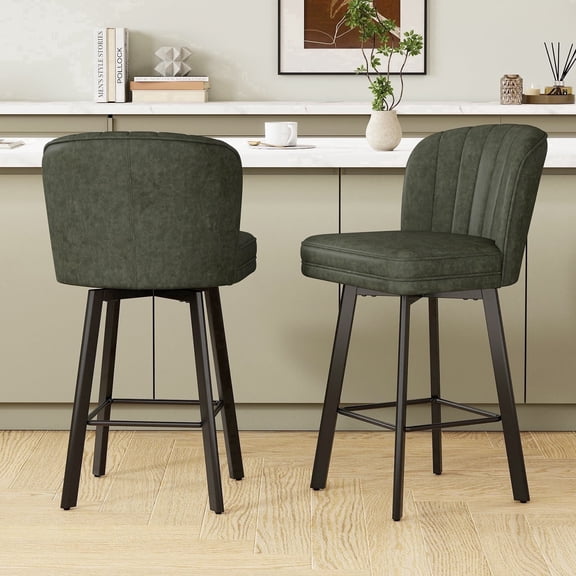 MultiHaven 26'' Shell Back Bar Stools Set of 2,Swivel Counter Height PU Leather Chairs for Kitchen Island,Cafe - Green