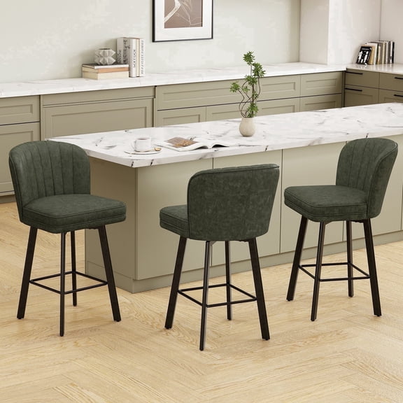MultiHaven 26'' Shell Back Bar Stools Set of 3,Swivel Counter Height PU Leather Chairs for Kitchen Island,Cafe - Green