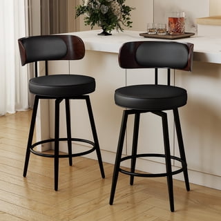 MultiHaven 26" Counter Height Bar Stool with Curved Dark Walnut Wood Back set of 2,360° Swivel PU Upholstered Barstool for Kitchen Island,Black