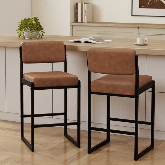 MultiHaven 26" Counter Height Bar Stools Set of 2,Modern Upholstered Stool with Thick Back & Seat for Kitchen Island,Bar,Cafe - Dark Brown PU