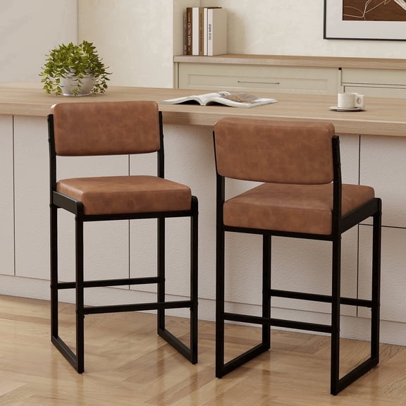 MultiHaven 26" Counter Height Bar Stools Set of 2,Modern Upholstered Stool with Thick Back & Seat for Kitchen Island,Bar,Cafe - Dark Brown PU