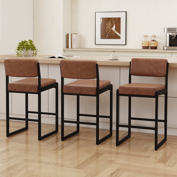 MultiHaven 26" Counter Height Bar Stools Set of 3,Modern Upholstered Stool with Thick Back & Seat for Kitchen Island,Bar,Cafe - Dark Brown PU