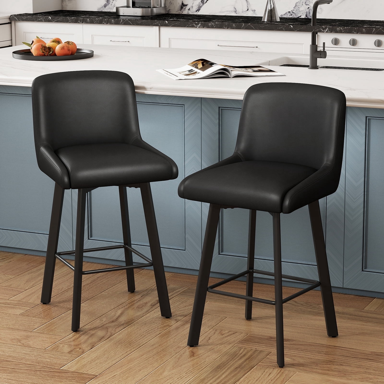 MultiHaven 26.1-Inch Bar Stools Set of 2,Swivel Counter Height Bar Stool with Back & Metal Legs,PU Leather Island Chairs Suitable for Kitchen,Bar,Cafe - Black