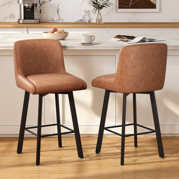 MultiHaven 26.1-Inch Bar Stools Set of 2,Swivel Counter Height Bar Stool with Back & Metal Legs,PU Leather Island Chairs Suitable for Kitchen,Bar,Cafe - Brown