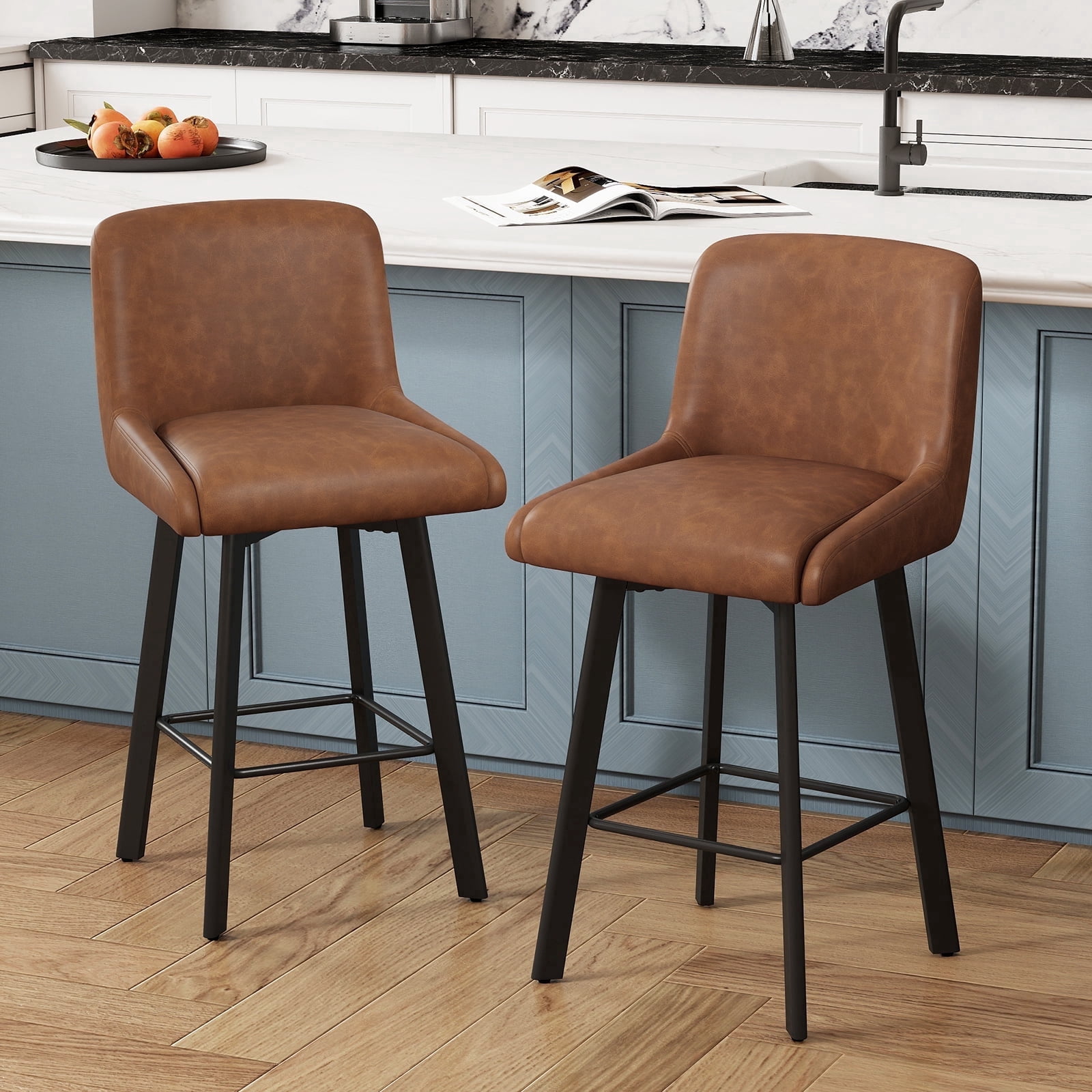 MultiHaven 26.1" Swivel Bar Stools Set of 2, Square Back & Metal Legs, PU Leather Counter Height Chairs for Kitchen, Bar, Cafe - Brown
