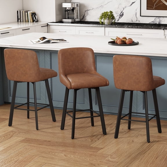 MultiHaven 26.1-Inch Bar Stools Set of 3,Swivel Counter Height Bar Stool with Back & Metal Legs,PU Leather Island Chairs Suitable for Kitchen,Bar,Cafe - Brown