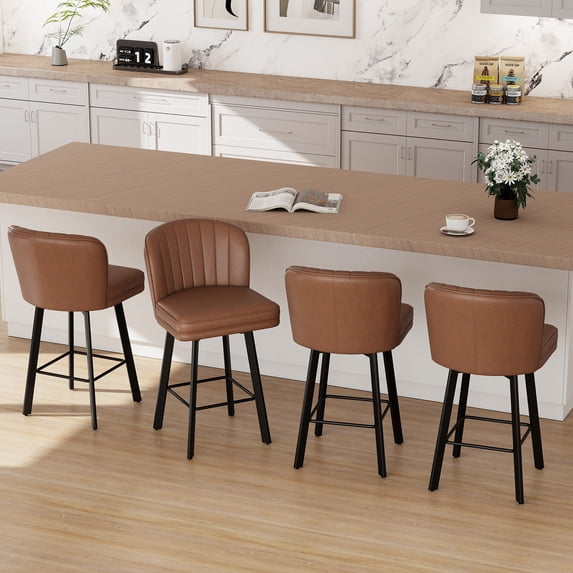 MultiHaven 26" Shell Back Bar Stools Set of 4,Swivel Counter Height PU Leather Chairs with Metal Legs for Kitchen Island,Bar,Cafe - Dark Brown