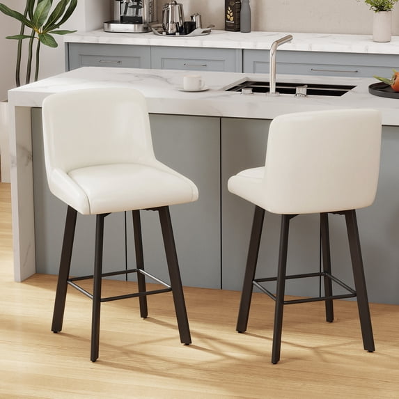MultiHaven 26" Swivel Bar Stools Set of 2,Square Back&Metal Legs,PU Leather Counter Height Chairs for Kitchen Island,Bar,Cafe-Bright White