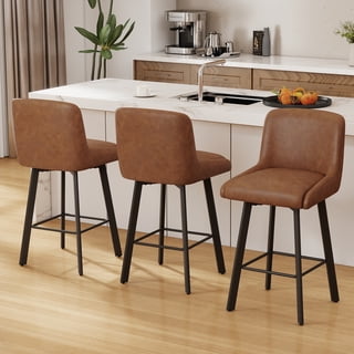 MultiHaven 26" Swivel Bar Stools Set of 3,Square Back&Metal Legs,PU Leather Counter Height Chairs for Kitchen Island,Bar,Cafe-Brown