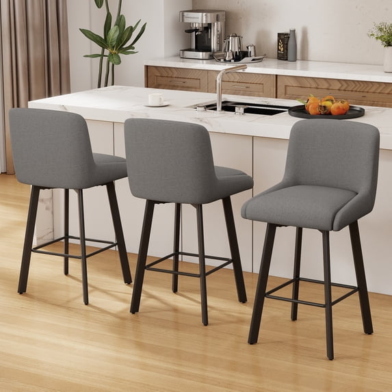 MultiHaven 26" Swivel Bar Stools Set of 3,Square Back&Metal Legs,Fabric Counter Height Chairs for Kitchen Island,Bar,Cafe-Mid Grey