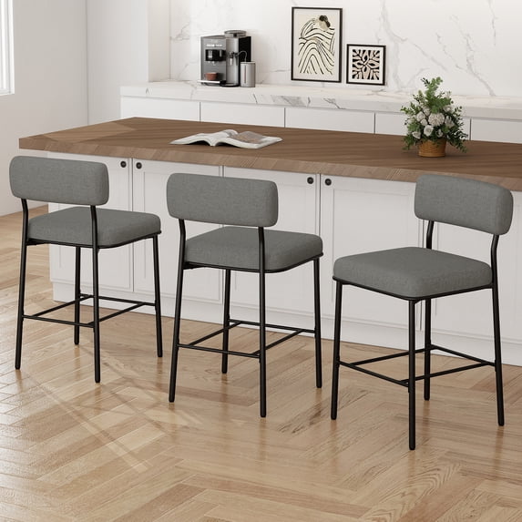 MultiHaven 26" Upholstered Bar Stools Set of 3,Counter Height Stool with Ergonomic Backrest & Plush Seat for Kitchen Island,Bar,Cafe - Mid Grey Fabric