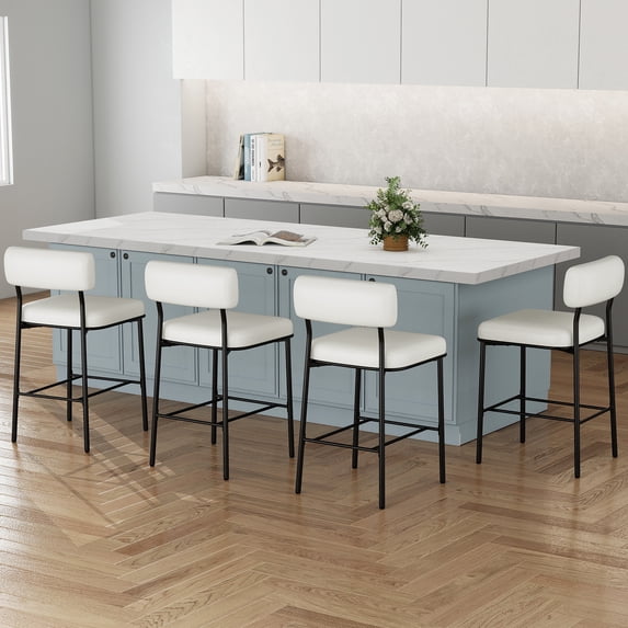 MultiHaven 26" Upholstered Bar Stools Set of 4,Counter Height Stool with Ergonomic Backrest & Plush Seat for Kitchen Island,Bar,Cafe - White PU Leather