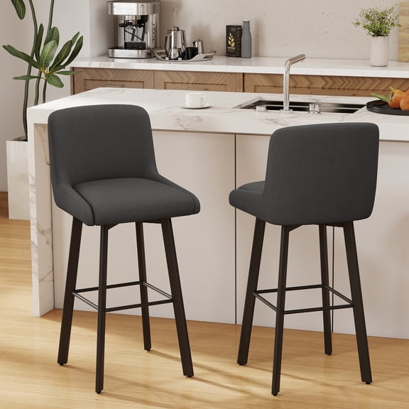 MultiHaven 29" Swivel Bar Stools Set of 2,Square Back&Metal Legs,Fabric Counter Height Chairs for Kitchen Island,Bar,Cafe-Black Grey