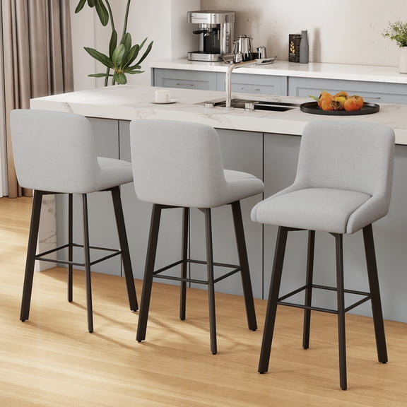 MultiHaven 29" Swivel Bar Stools Set of 3,Square Back&Metal Legs,Fabric Counter Height Chairs for Kitchen Island,Bar,Cafe-Light Grey