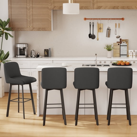 MultiHaven 29" Swivel Bar Stools Set of 4,Square Back&Metal Legs,Fabric Counter Height Chairs for Kitchen Island,Bar,Cafe-Black Grey