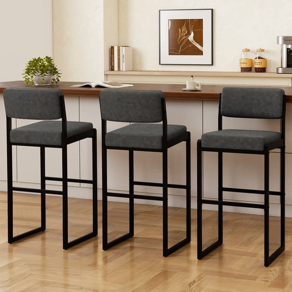 MultiHaven 30" Counter Height Bar Stools Set of 3,Modern Upholstered Stool with Thick Back & Seat for Kitchen Island,Bar,Cafe - Grey PU